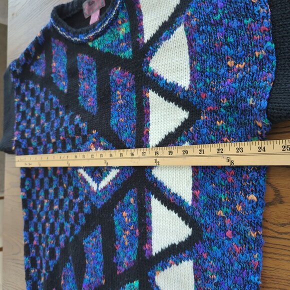 Vintage 80s Concrete Black Blue Sweater L / XL Geometric Abstract Knit Acrylic - Picture 7 of 14